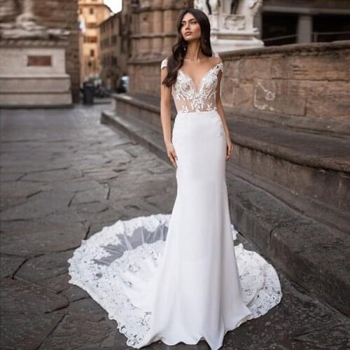 Eightree Mermaid Wedding Dresses Boho Lace Appliques Trumpet Bridal Dress Cap Sleeve Backless Wedding Gown Vestido de noive