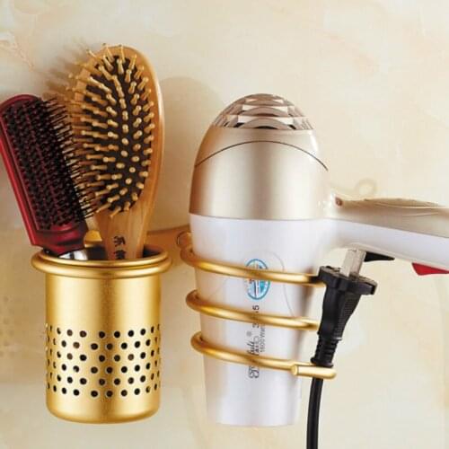 Gold Hair Dryer Holder Space Aluminium Bathroom Wall Shelf Hair Dryer Rack with Basket bathroom shelves Bathroom WJ919