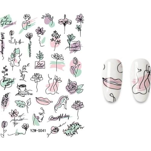 1pc Nail Stickers Abstract Art Sketch Doodle Woman Flower Chinese Characters Manicure Decoration Stickers For Nai