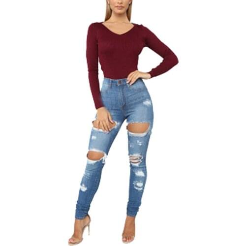 2021 Women Ladies Casual Wild Jeans Slim Skinny Style Sexy Chic Hole Ripped Fitting Stretch Wrapped Pencil Pants Trousers