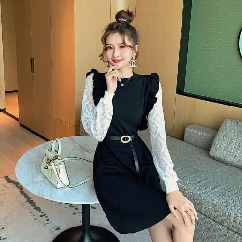 COIGARSAM Patchwork Women one-piece dress korean Knitting Lace Dresses Black 739