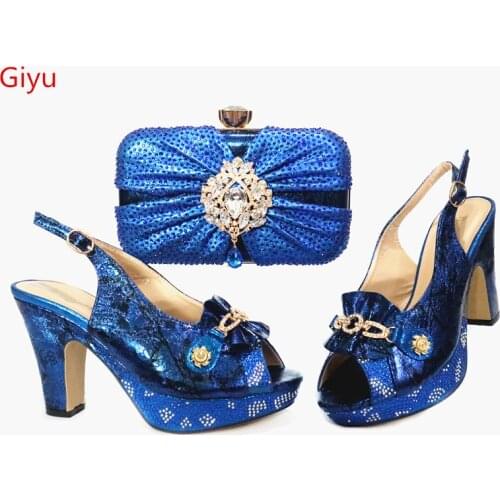 Doershow New Arrival African Wedding Shoes and Bag Set blue Color Italian Shoes with Matching Bags Nigerian Women party! SBK1-17