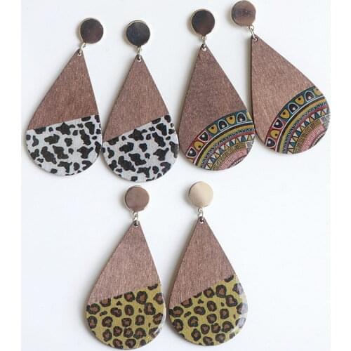 European Fashion Cow Pattern African Print Leopard Wood Epoxy Water Drop Shape Vintage Boho Wooden Stud Earrings for Women