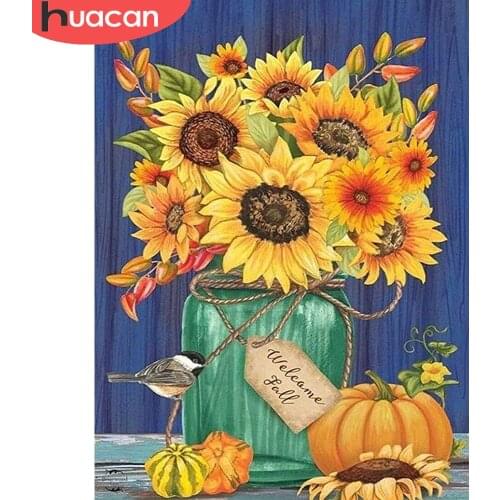 HUACAN Diamond Mosaic Flower Full Square/round Diamond Painting Sunflower Vase Embroidery Wall Decor Diamond Art