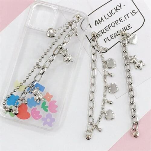 Punk Style Metal Litter Bear Love Heart Chain Lanyard Rope For Diy Making Phone Case Decoration Key Chain Jewelry Accessories