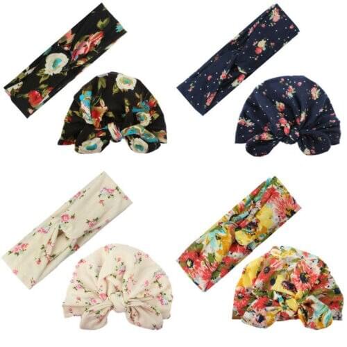 2pcs Women Kid Baby Girl Elastic Bow Knotted Turban Beanie Hat Headband Headwear