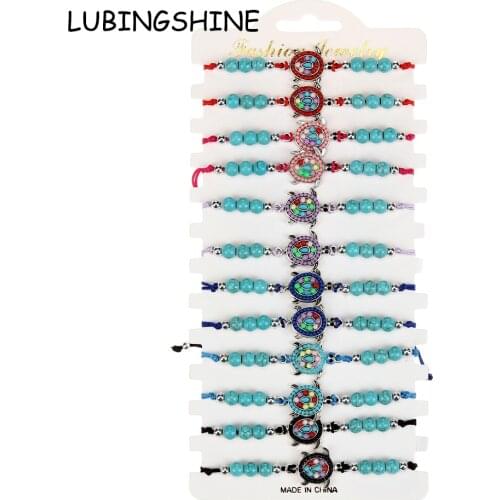 12pcs/lot Women Green Natural Stone Color Tortoise Bracelet Set Child Braided Adjustable Knot Wax Cord Chain Wristband Jewelry