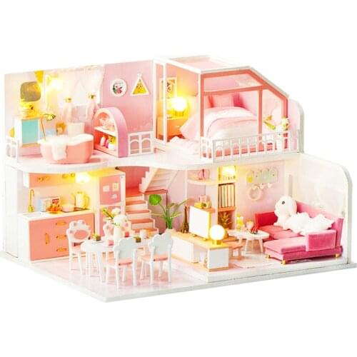 Doll house Furniture Wooden Miniature DIY Kit with Dust Cover Music Box Assemble Crafts Toy Best Birthday Gift For Children Girl