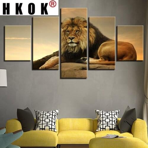 HKOK Wall Art Poster HD Printed Modern Canvas 5 Panel Animal Lion For Living Room Pictures Home Decor Modular Painting
