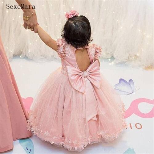 New pink lace soft tulle flower girl dress with bow flowers appliques baby birthday gown toddler party outfit