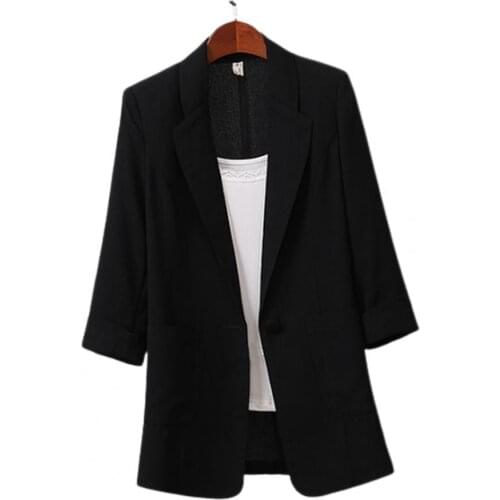 Office Lady Blazer Solid Color Loose Spring Autumn Long Sleeve Lapel Pockets Suits Coat for Office