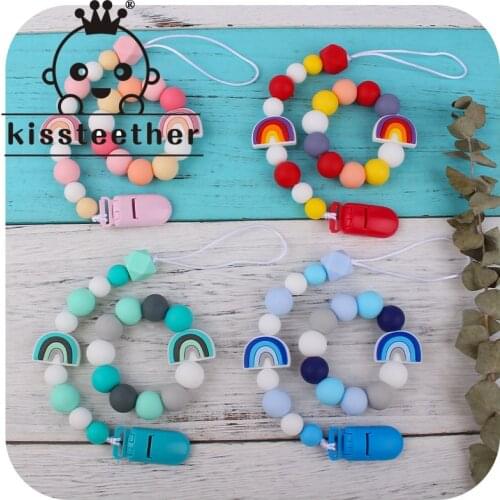 Kissteether 2Pcs/Set Rainbow Balloon Food Grade Silicone Products Teethers Bracelet and Teething Soother Pacifier Clips Chain