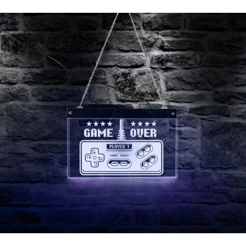 Retro Gamepad Controller LED Light Up Acrylic Board Playroom Game Over Sign Game Room Electric Display Hanging Board Gamer Gift