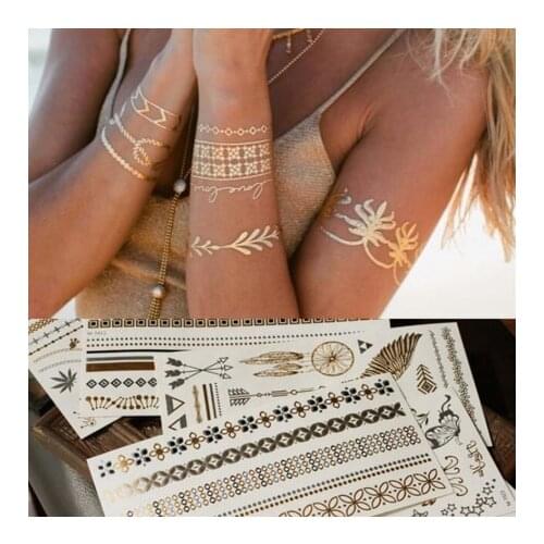Sexy Sun Moon Star Temporary Tattoo Women Party Body Arm Art Fake Flash Tatoos Gold Metallic Tattoo Stickers Girl Bracelet Wrist