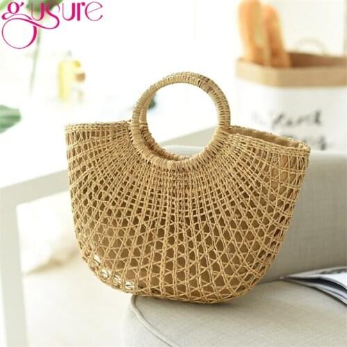 Gusure Straw Bag for Women Woven Hollow Handbag Moon Shape Rattan Bag Big Capacity Drawstring Handbags Casual Travel Beach Bags
