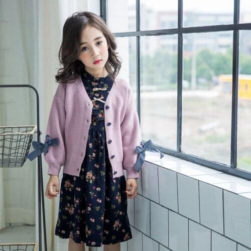 Girl Sweater Kids Knitting Outwear Tops 2021 Bow Fleece Thicken Warm Winter Autumn Overcoat Homewear Formal Children Clothing