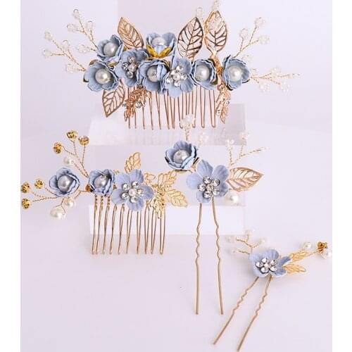 4 Pcs/set Blue Flower Tiara Hair Pins Combs Pearls Rhinestone Leaves Wedding Women Hair Jewelry For Bride Gold Hair Accessories