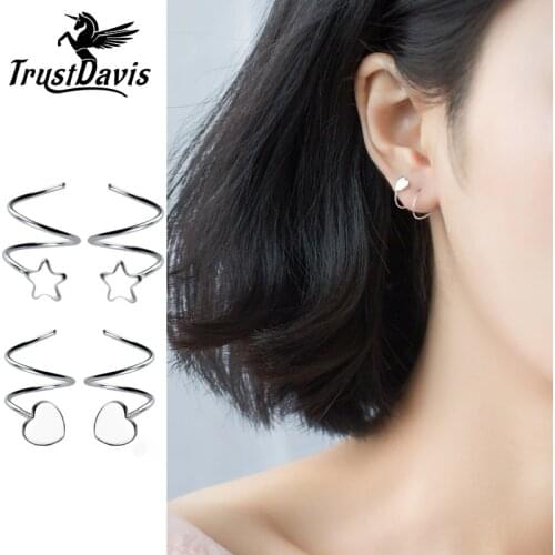 Trusta 100% 925 Sterling Silver Womens Small Star Heart Ear Bones Ear Buckle Ring Tightly Packed Mini Double Ring Earring DS434