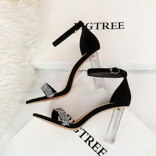 Sexy Nightclub Summer High Heels Transparent Heel Super High Heel Sandals Luxury Party Pumps Shoes Rhinestones Word Belt