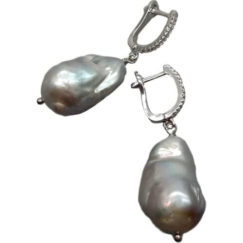 YYGEM natural Cultured Silver Gray Nucleated Flameball Baroque Pearl Cubic Zirconia Pave LeverBack dangle Earrings
