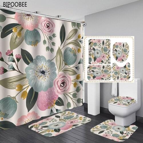Plant Series Shower Curtain for Bathroom Waterproof Polyester Bath Curtains Flowers Branches Printing Carpet Toilet Cover Mats