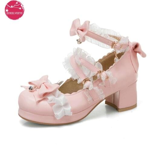 Plus Size 34-48 Lolita Mary Janes Women High Heel Shoes Sweet Bowknot Bell Cross Strap Dress Party Wedding Shoes Bridal Princess