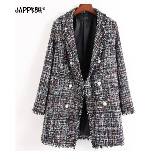 Vintage Tassel Long Blazer Womens Jacket 2020 Autumn Oversized Tweed Soft Woolen Office Casual Double Breasted Chic Suit Coat