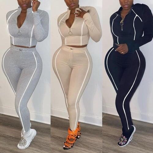 Autumn Winter 2 Piece Set Fitness Tracksuit Women Long Sleeve Zipper Crop Top+leggings Reflective Striped Sportswear Outfits