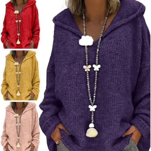 2021Women Autumn Solid Color Loose Hooded Knitted Sweater Pullover Sweatshirt Long Sleeve Top Clothing свитер женский Pull Femme