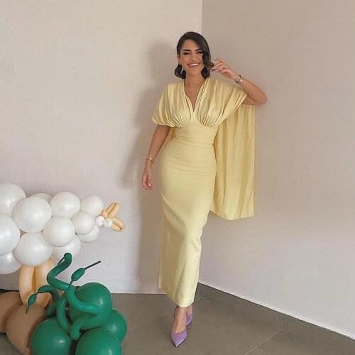 2021 Simple Fresh Yellow Cocktail Dresses with Cape Sleeves Fluffy Women Sheath Ankle Length Formal Prom Party Gowns