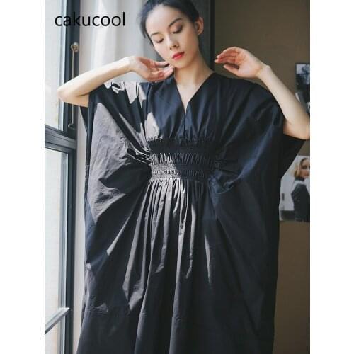 Cakucool French niche design v-neck dress female 2019 summer waist pleated lace back style temperament dress