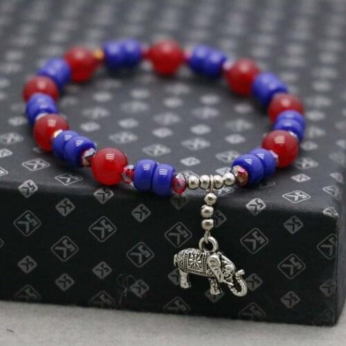 Accessory Crafts Red/Blue Beads Crystal Bracelet Hand Chain Women Ladies Silvercolor Elephant Pendant Jewelry Making Chalcedony