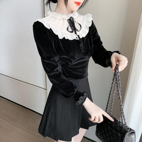 Velvet Women Shirts Blouses Long Sleeve Colorblock Top Woman Womens Blouse Patchwork Elegant Slim Blusas Ins Hot