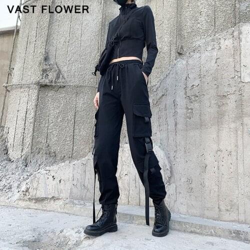 Black High Waist Ribbon Drawstring Cargo Pants Women New Pockets Loose Casual Fashion All Match Trousers Spring Autumn 2021