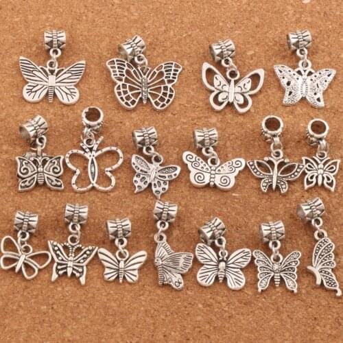 Mixed Butterfly Dangle Big Hole Beads 17PCS Tibetan Silve Fit Charm Bracelet Jewelry DIY Hot sell BM57