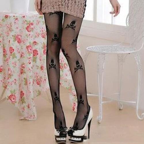 Black Sexy Pantyhose Women Halloween Skull Print Knee High Socks Mesh Nets Socks High Quality Stay Up Thigh High Stockings