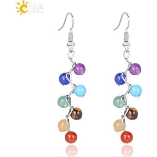CSJA Natural Healing 7 Chakras Round Yoga Beads Women Drop Earrings Gem Stone Ears Pendulum Boho Reiki DIY Handmade Jewelry E706