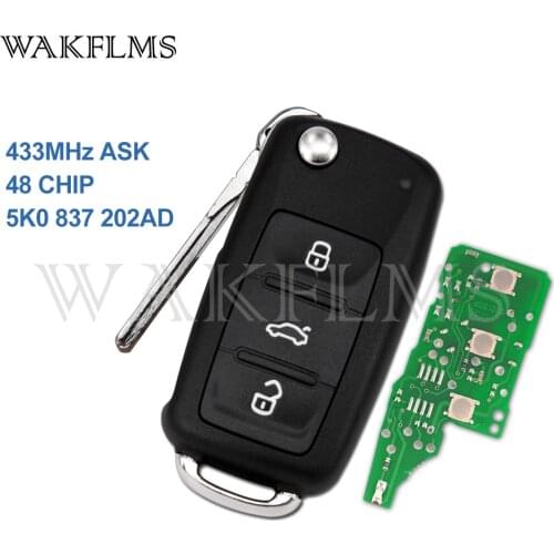 Remote key for VW UP Caddy Touran Eos PASSAT GOLF POLO Jetta Tiguan 5K0837202AD ID48 433MHz Transporter 5K0 837 202 AD