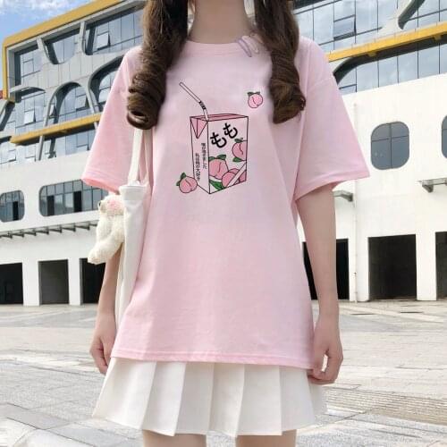 Japan Cartoon Sweet girls tees Peach Juice Aesthetic T-Shirt Women Harajuku Cute Kawaii pink Summer Casual vintage Tumblr Tops