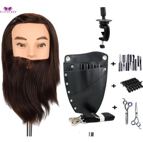 Male Mannequin Head 100% Real Human Hair with Hair Beard for Hairdressers Salon Hairdressing Male Training Heads for Cutting