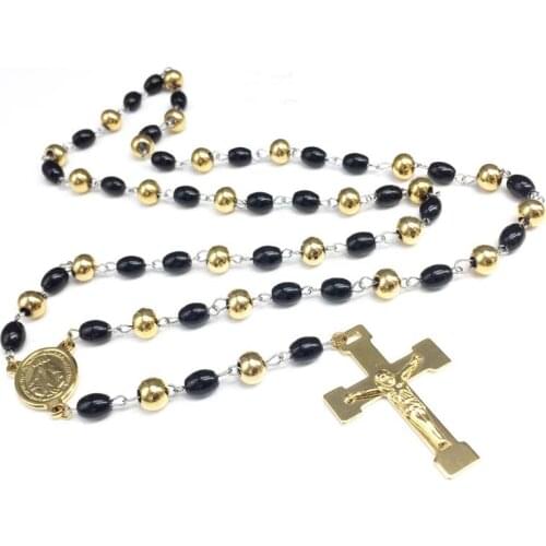 Christian Jewelry Rosary Mens Necklace Stainless Steel Chain Black Gold Tone 8mm Bead Chain Crown Rosary Jesus Cross Pendant