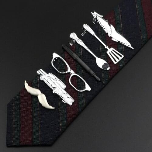 Quality Mens Classic Tie Clip Glasses Fish Airplane Fork Spoon Shape Metal Chrome Stainless Pin Clasp For Business Corbata Gift