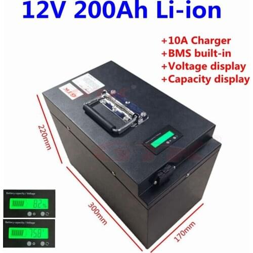 Steel case 12V 200Ah Lithium ion battey pack 12V with BMS for solar panel energy storage camper caravan motorhome RV+10A charger