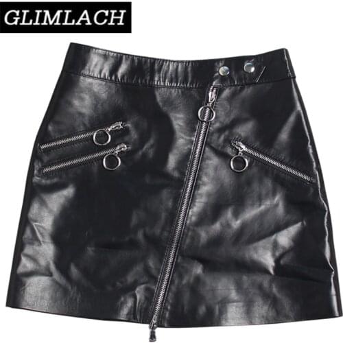2020 Fashion Women Slim Real Leather A-line Skirt 4 Zippers Genuine Leather Mini Skirts 100% Sheepskin Streetwear Skirt Female