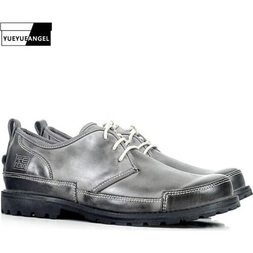 New Hot Sale Round Toe Men Shoes Autumn Anti Slip Lace Up For Men Genuine Leather Classic Offic Work Shoes Business Gray Yellow