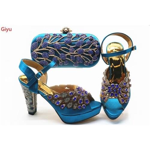 Doershow beautiful blue Shoe and Bag Sets Italian Shoes and Bags Set for party African Matching Shoes and Bags! SGX1-4