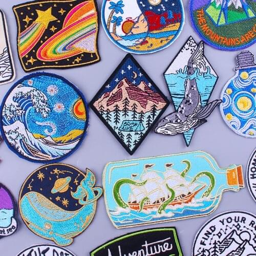 Mountain Space Stripes Applique Patch Iron On Embriodered Patches For Clothing Natural Trave Adventure Boat Wave Badges Stickers