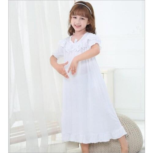Girls Nightdress Summer New Baby Girl White Lace Ruffles Cotton Pajamas Dresses Kids Sleepwear Dress Kids Home Clothing 3-12Year
