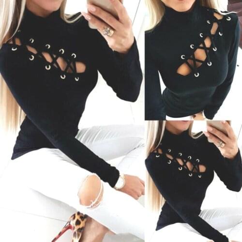 New Black Bandage Womens T-Shirts Long Sleeve Round Neck Plain Basic Ladies Casual Slim Fit T-Shirt Top