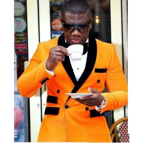 Orange Double-Breasted Groom Tuxedos Black Shawl Lapel Men Wedding Tuxedos Jacket Blazer Men Dinner/Darty Suit(Jacket+Pant+vest